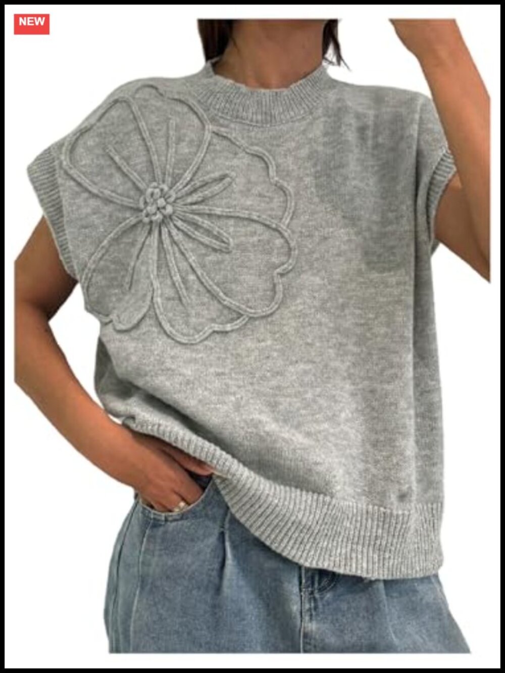 Plus Size 3D Floral Knit Pullover Sweater Cap Sleeve Stand Collar